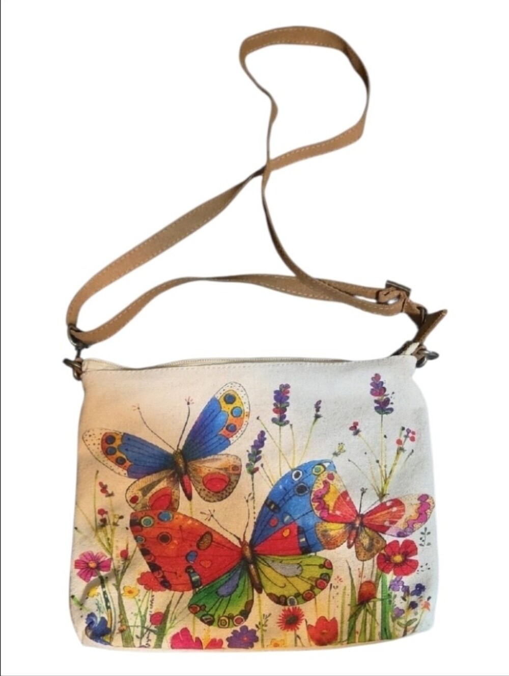 Canvas Butterfly Crossbody Bag in Ivory with Multicolor Print